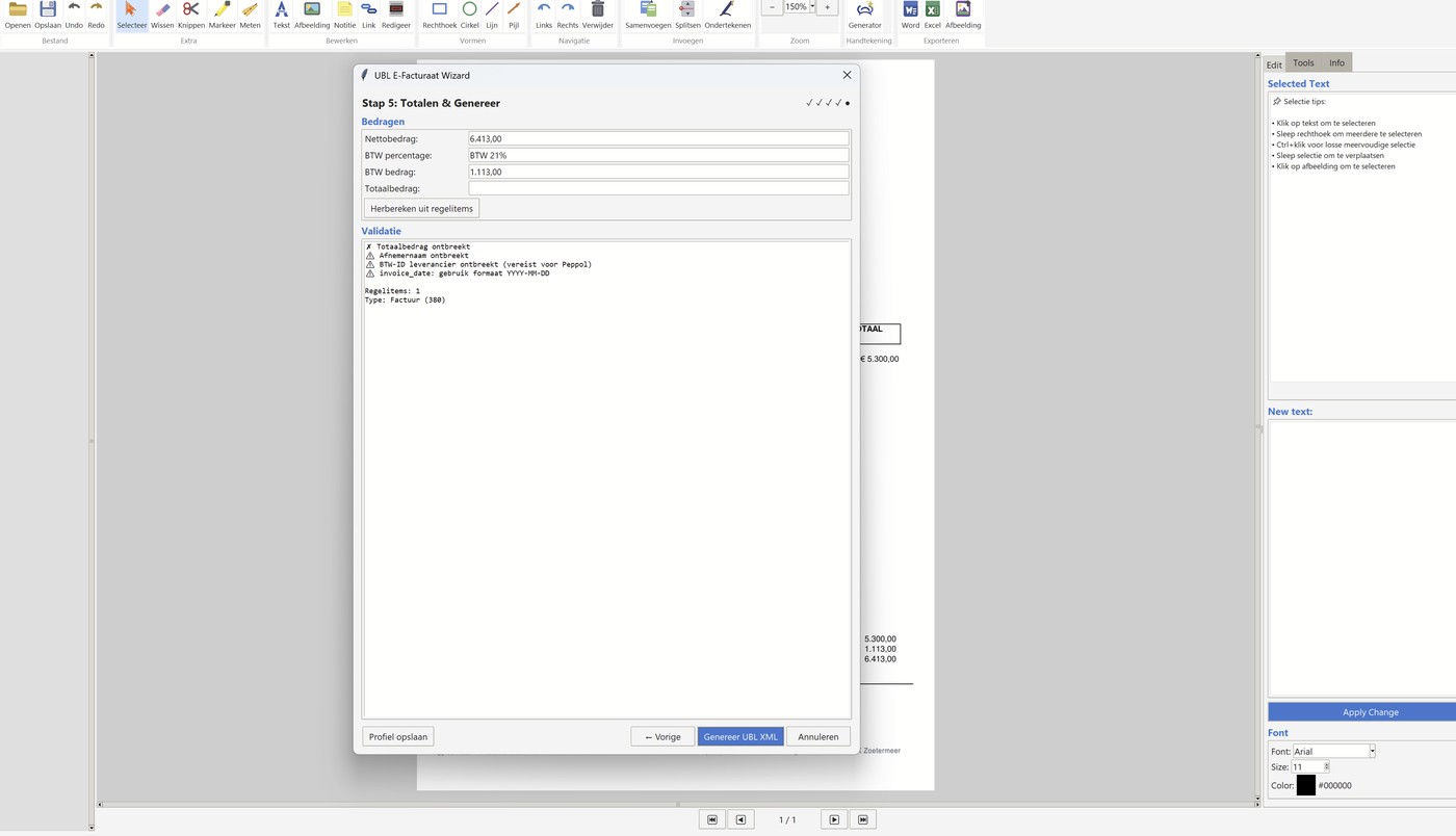 UBL E-Facturaat Wizard — Totalen, validatie en genereer UBL XML